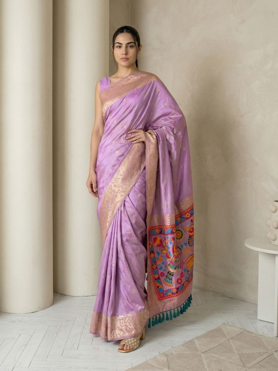 soft silk saree with gold zari floral motifs and contrast meenakari pallu