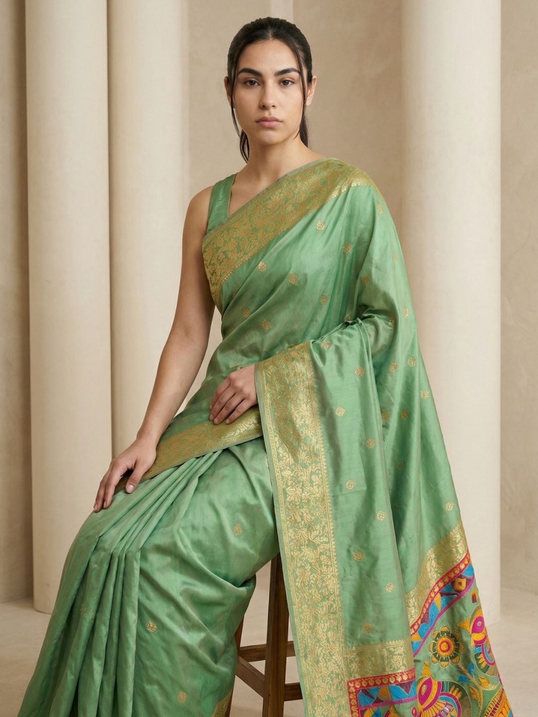 designer green silk saree with unique sparrow pallu and classic finish