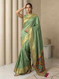 premium green silk saree with meenakari work and artistic bird design