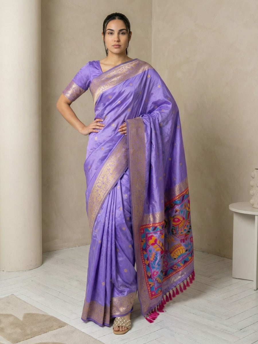lavender soft silk saree with gold zari floral motifs and contrast meenakari pallu