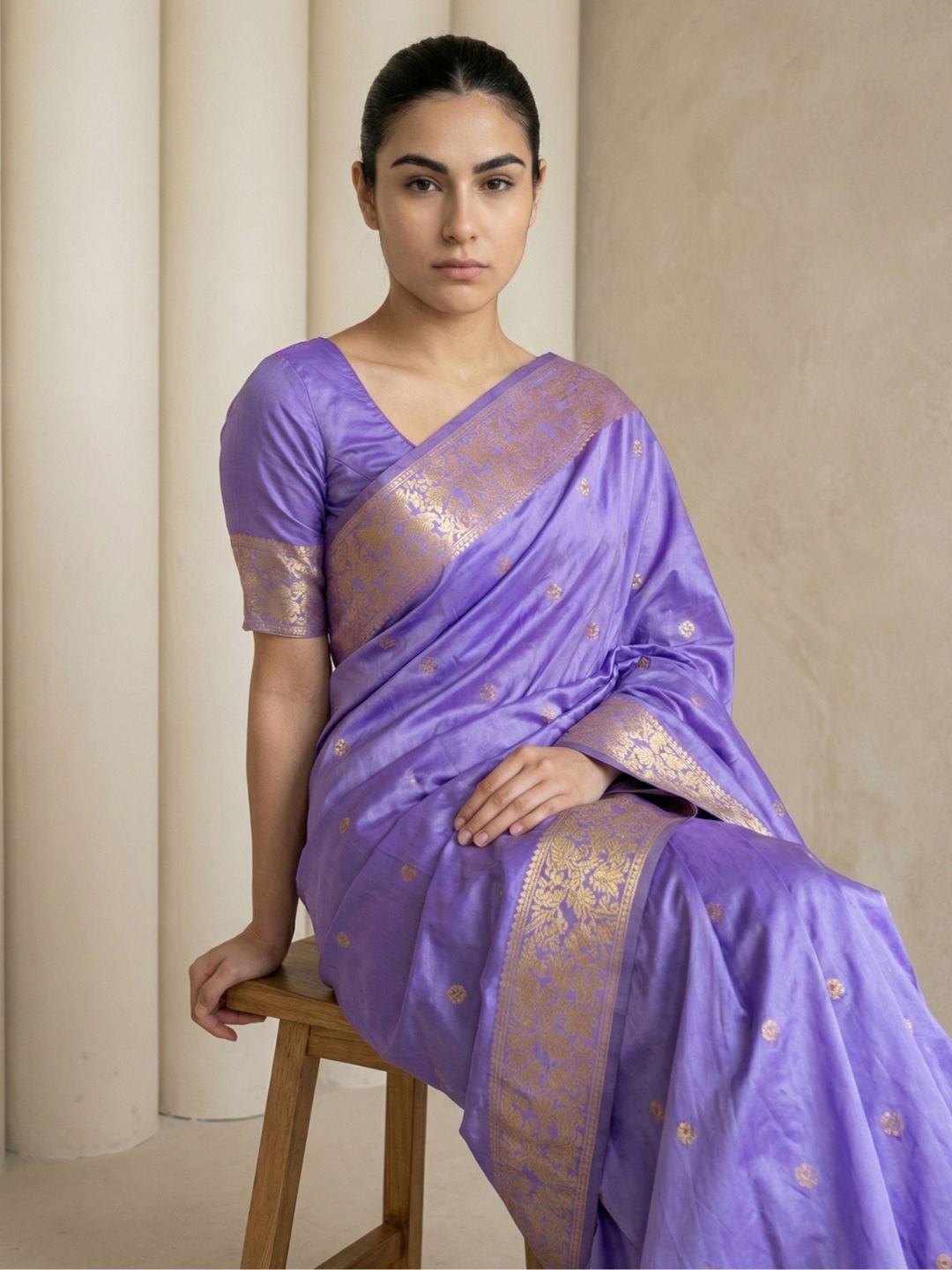 premium lavender silk saree with meenakari work and artistic bird design