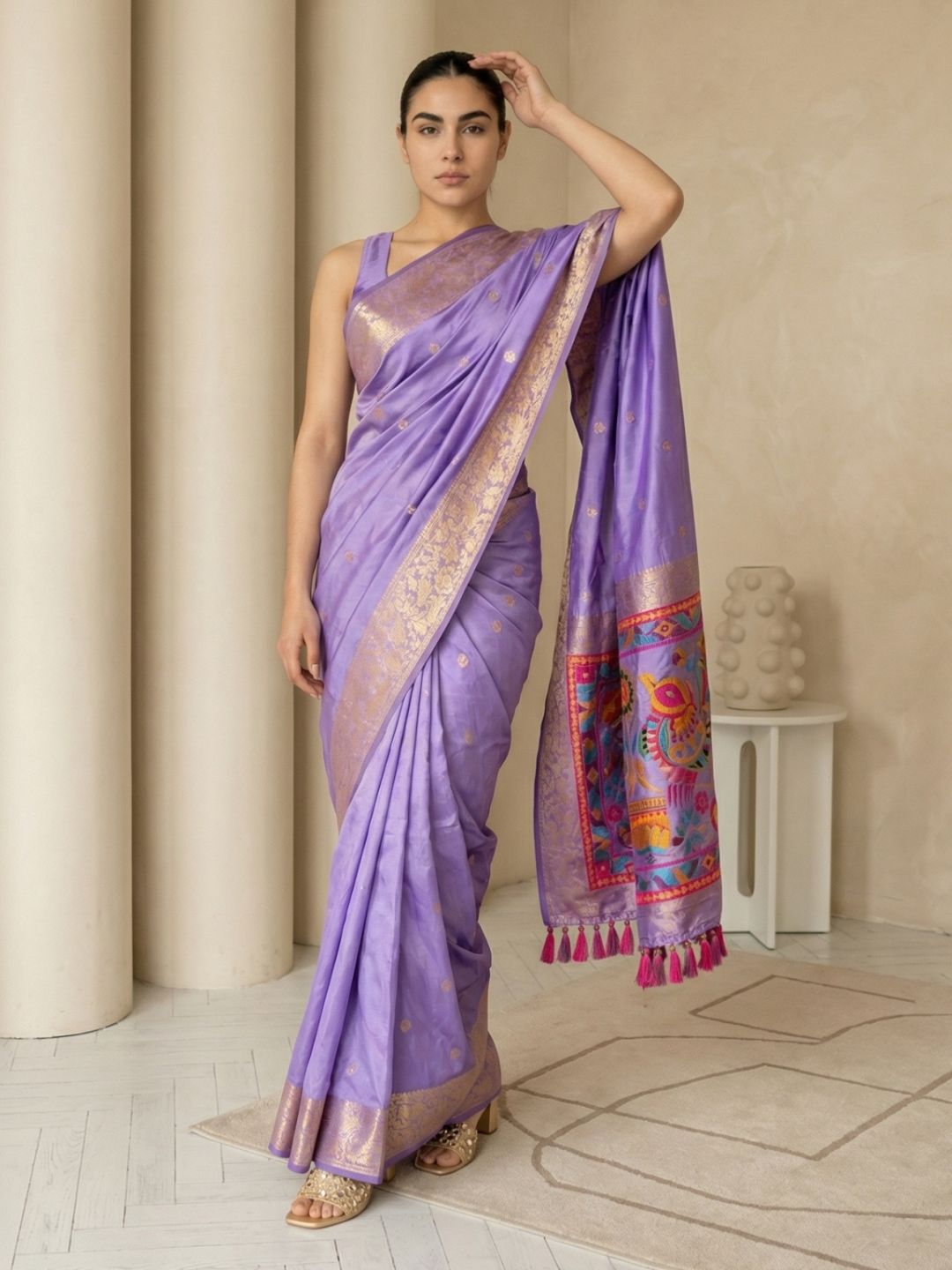 festive lavender saree with zari weaving and smooth elegant drape