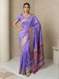 lavender soft silk saree with gold zari floral motifs and contrast meenakari pallu