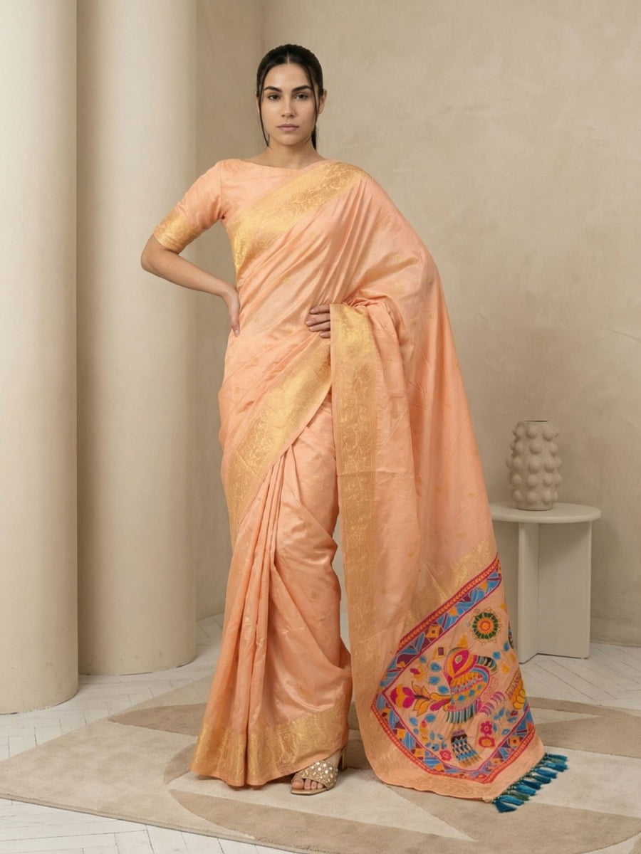peach soft silk saree with gold zari floral motifs and contrast meenakari pallu