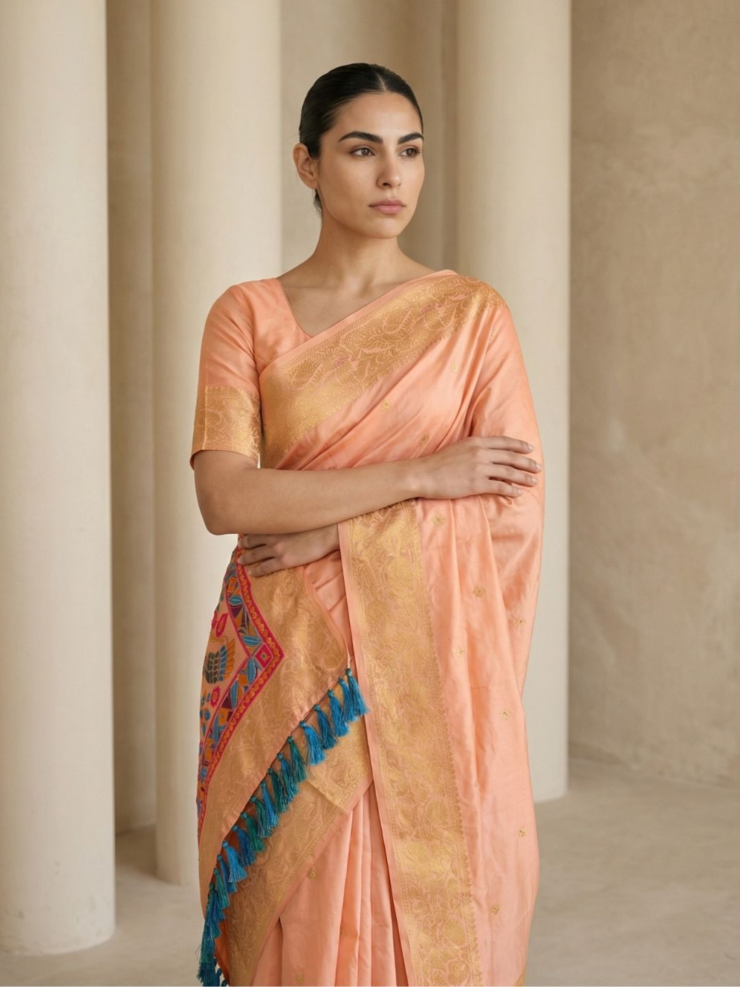 premium peach soft silk saree with meenakari work and artistic bird design