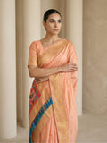 premium peach soft silk saree with meenakari work and artistic bird design
