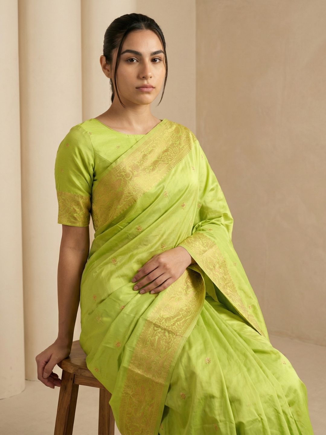 designer pista green silk saree with unique sparrow pallu and classic finish