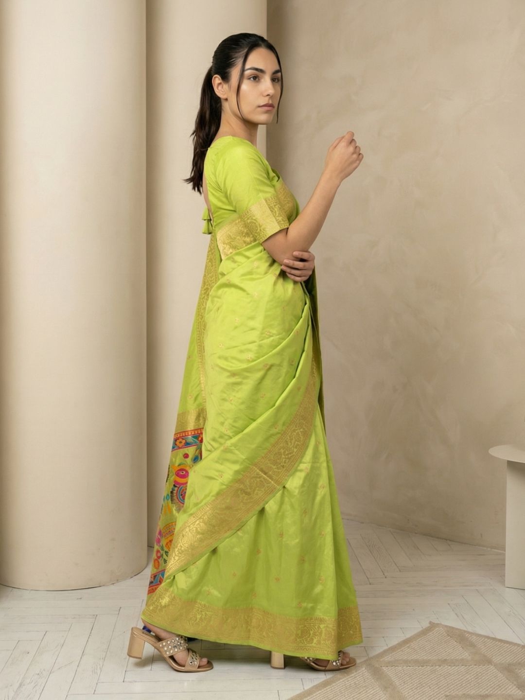 premium pista green soft silk saree with meenakari work and artistic bird design