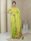 elegant pista green saree featuring sparrow design pallu and woven border