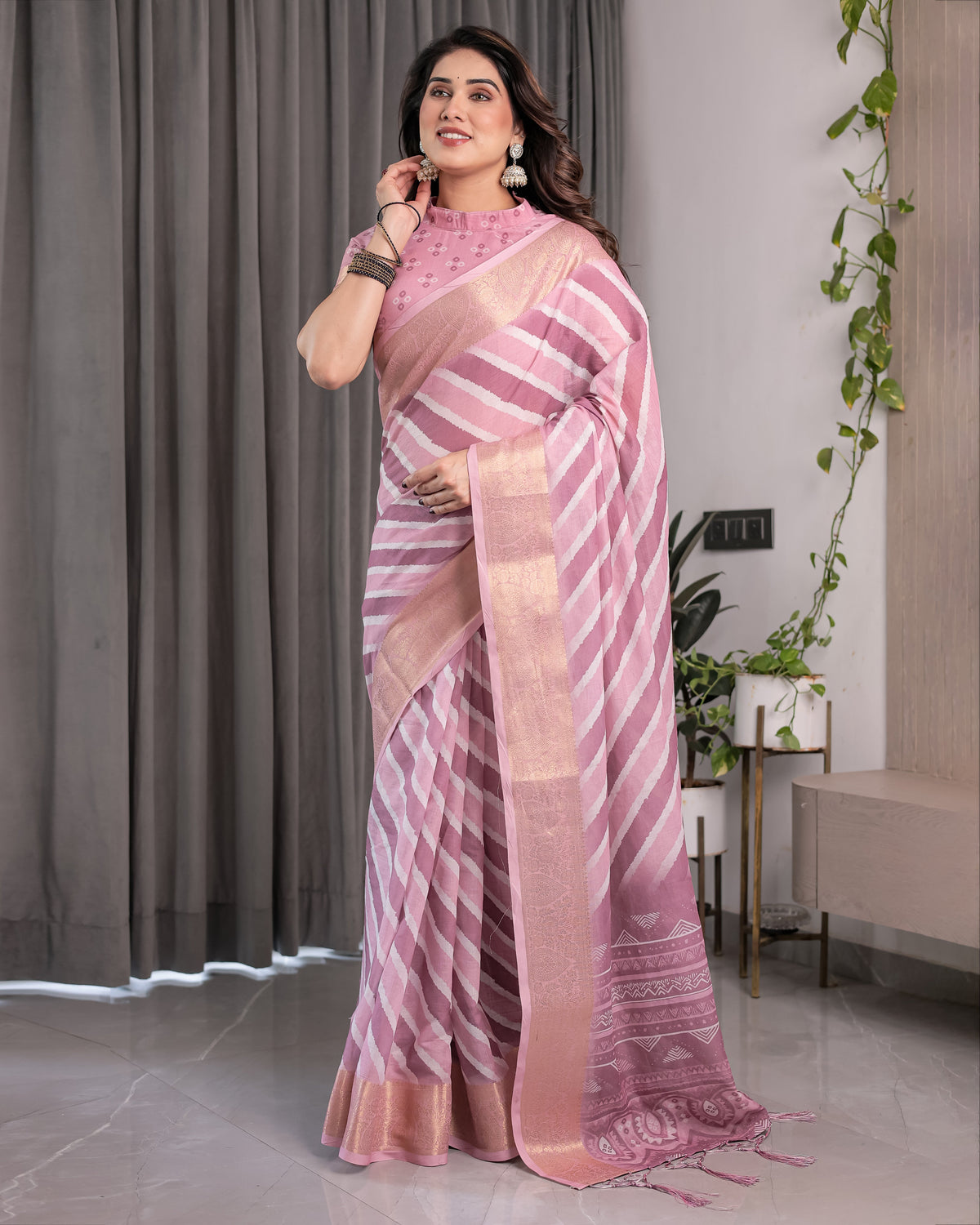 Handloom Linen Saree | Dusty Pink Striped Linen Saree