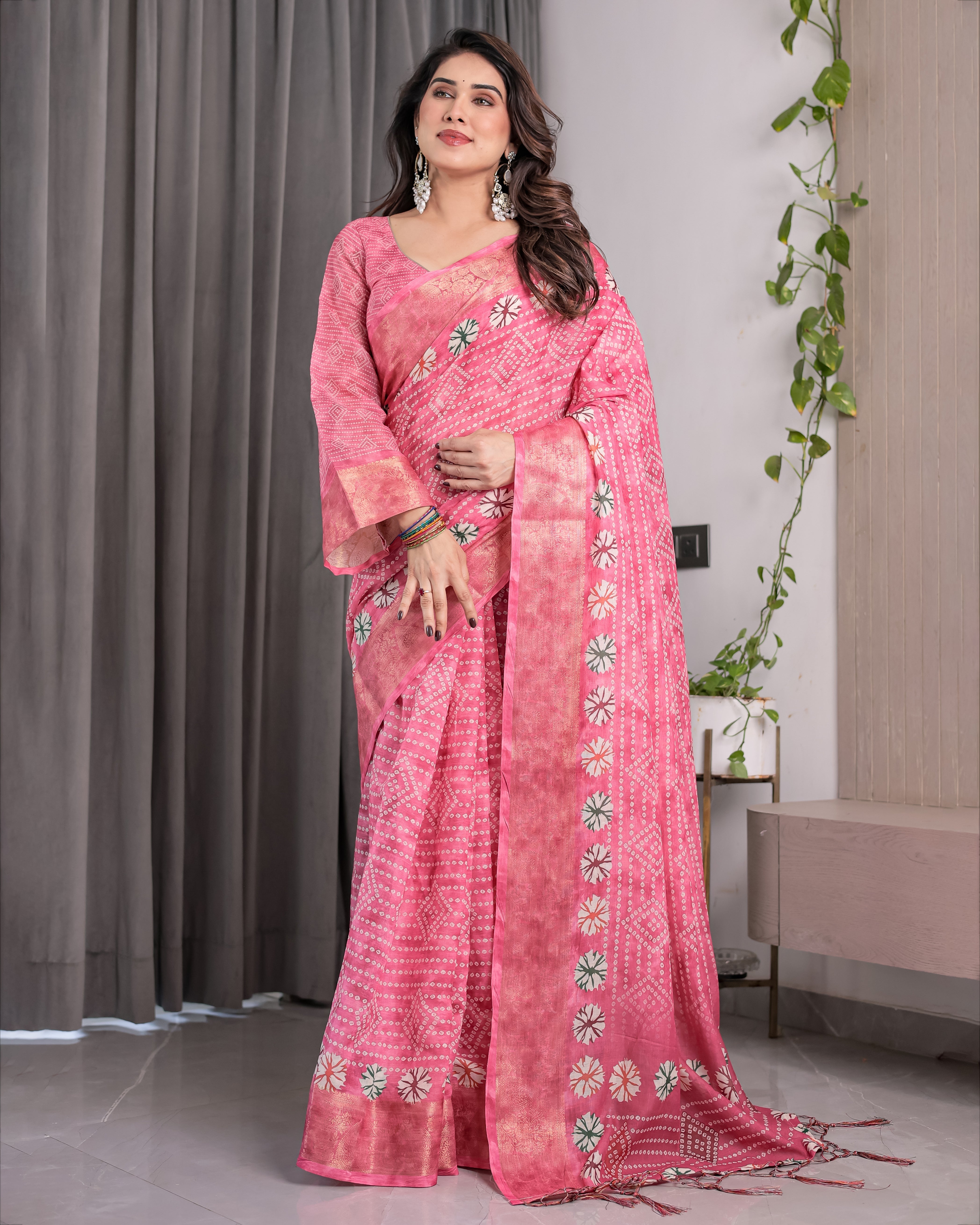 Handloom Linen Saree | Rose Pink Bandhani Print Linen Saree