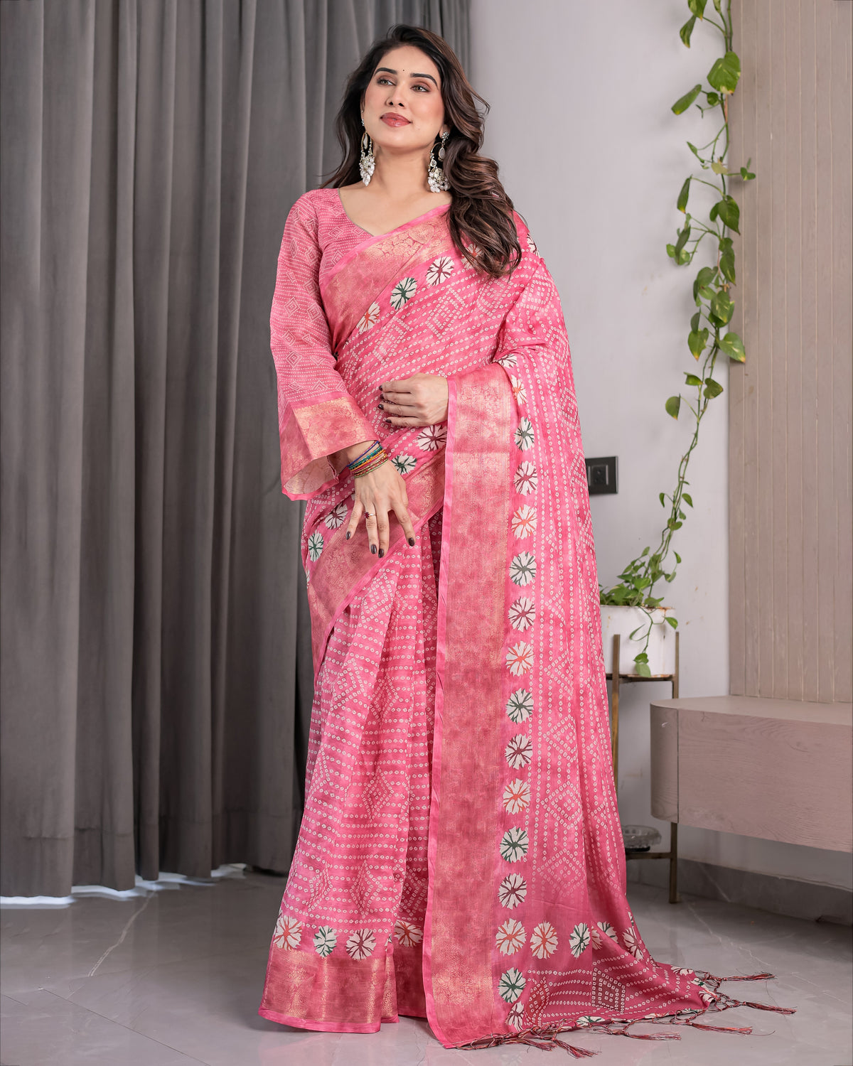 Handloom Linen Saree | Rose Pink Bandhani Print Linen Saree