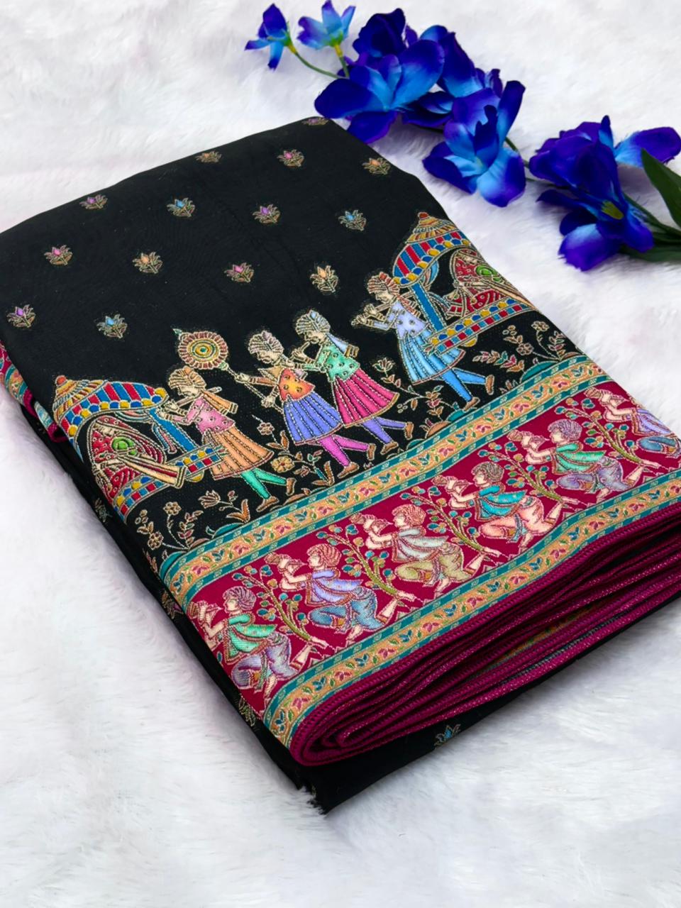 Black Pure Viscose Silk Position Printed Traditional Darbari Saree