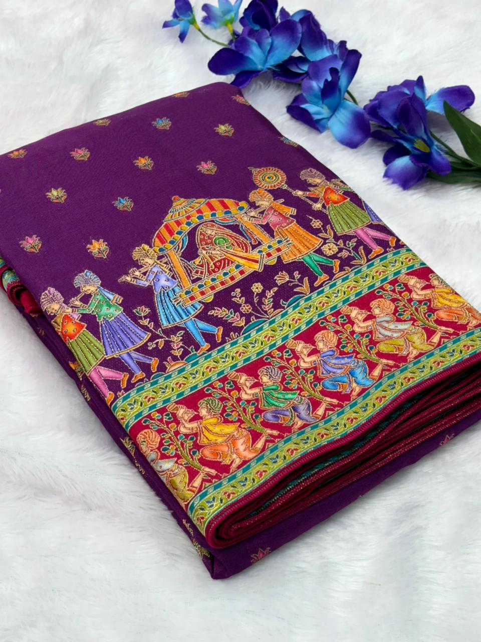 Purple Pure Viscose Silk Position Printed Traditional Darbari Saree