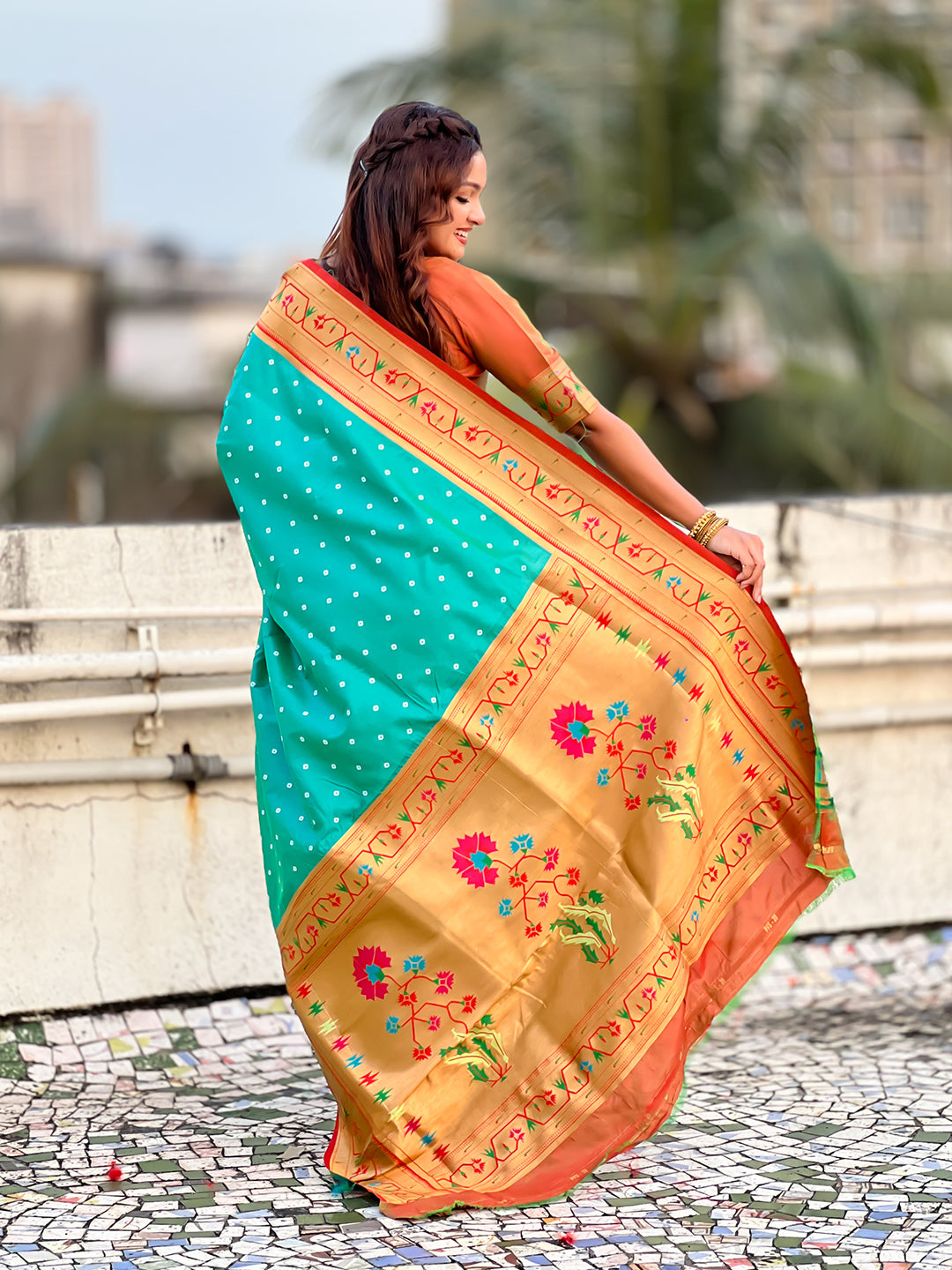 Aqua Blue Zari Woven Bandhani Paithani Fusion Silk Saree