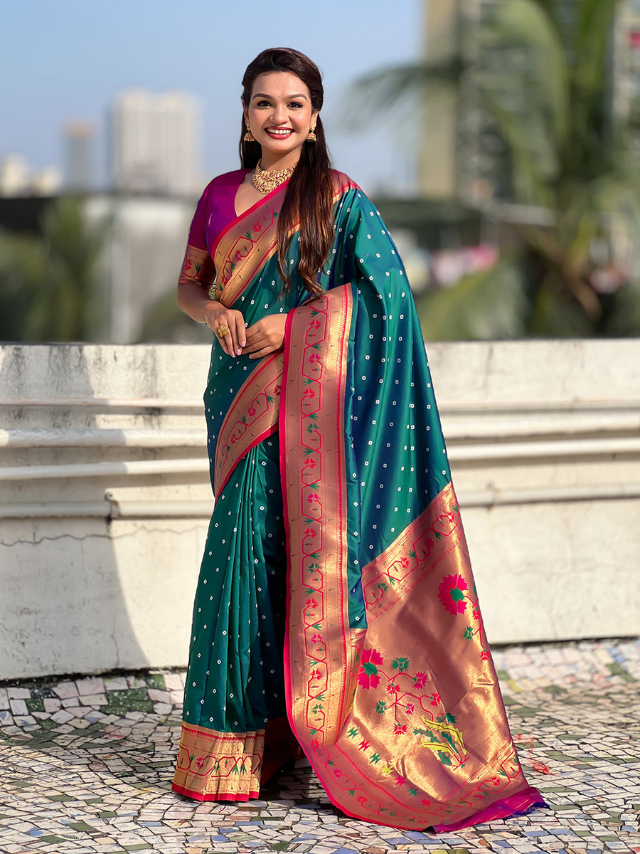 Green Zari Woven Bandhani Paithani Fusion Silk Saree