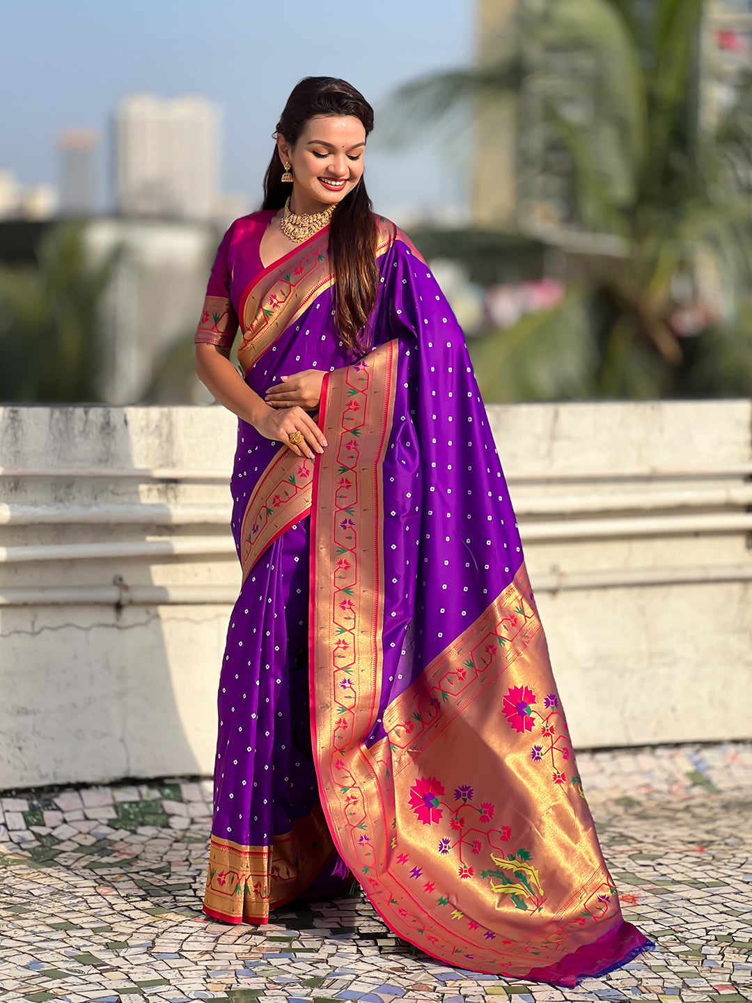 Purple Zari Woven Bandhani Paithani Fusion Silk Saree