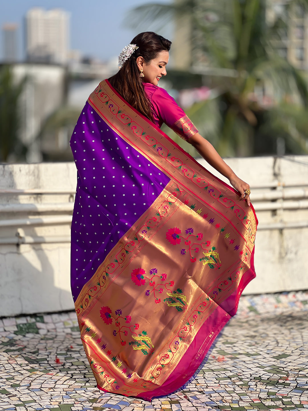Purple Zari Woven Bandhani Paithani Fusion Silk Saree