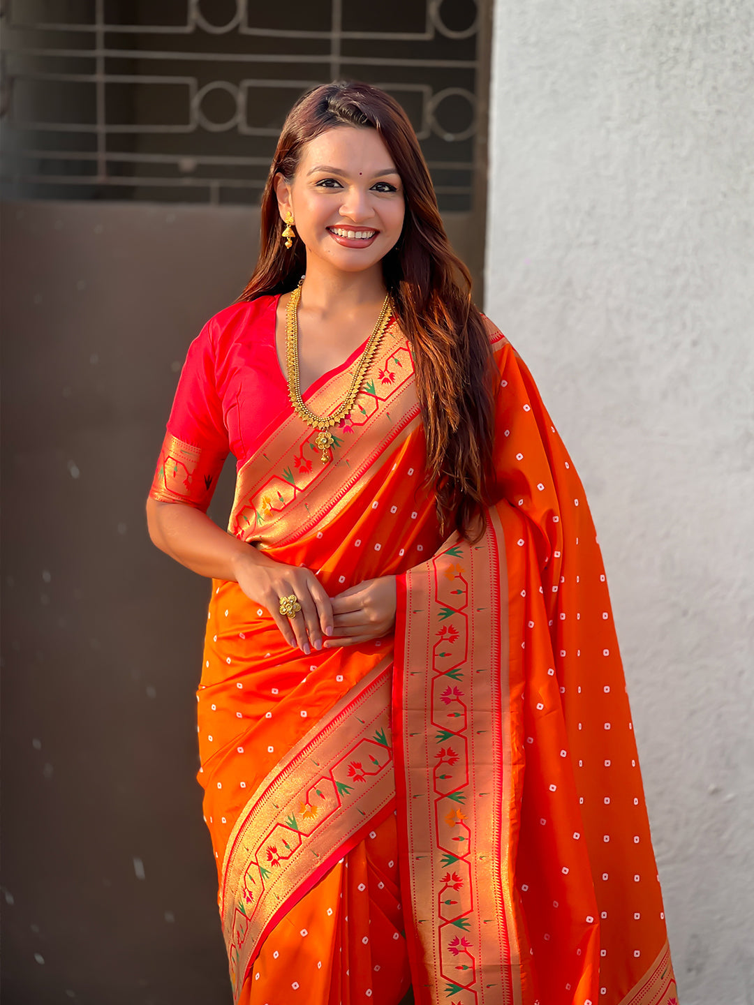 Orange Zari Woven Bandhani Paithani Fusion Silk Saree