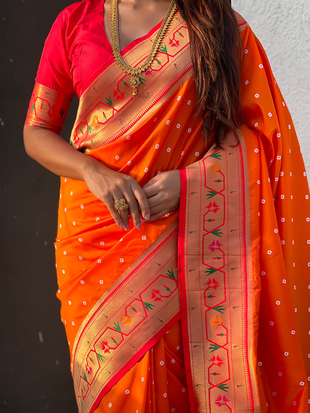 Orange Zari Woven Bandhani Paithani Fusion Silk Saree