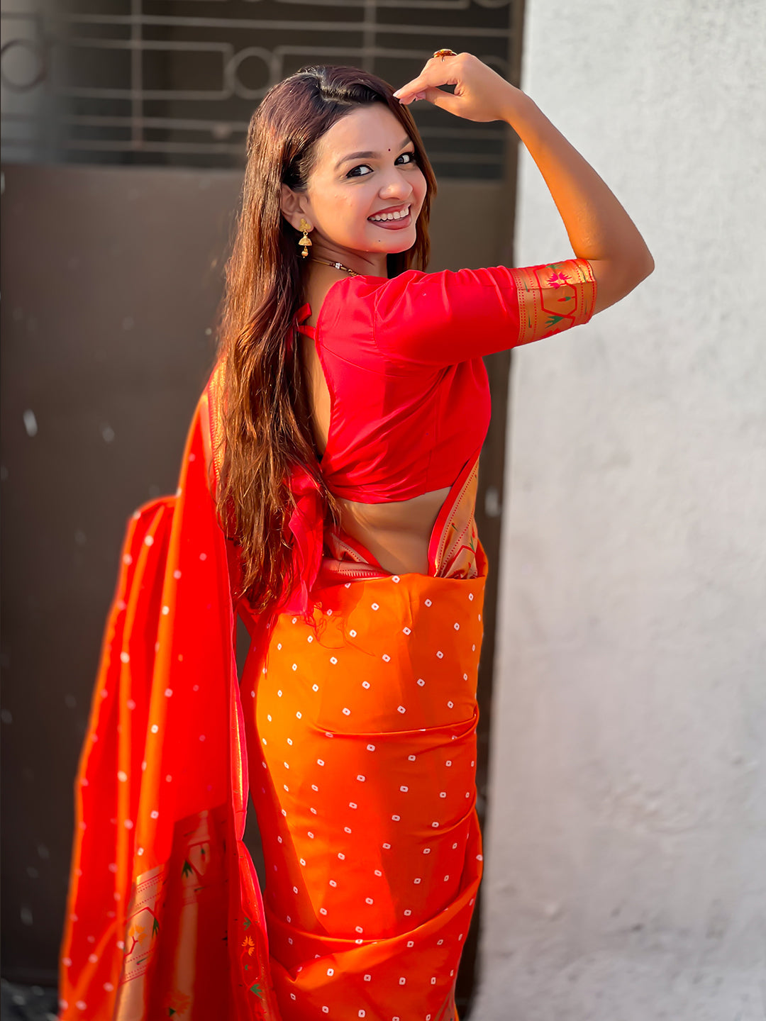 Orange Zari Woven Bandhani Paithani Fusion Silk Saree