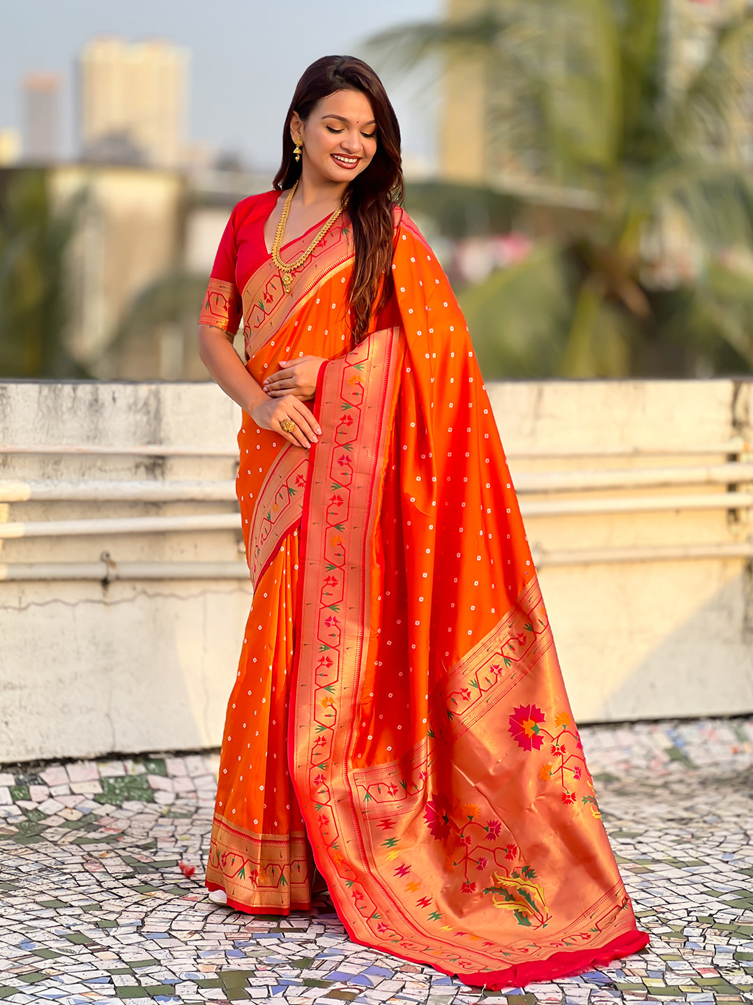 Orange Zari Woven Bandhani Paithani Fusion Silk Saree