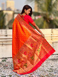 Orange Zari Woven Bandhani Paithani Fusion Silk Saree