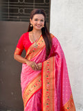 Baby Pink Zari Woven Bandhani Paithani Fusion Silk Saree