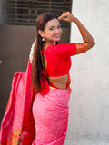 Baby Pink Zari Woven Bandhani Paithani Fusion Silk Saree