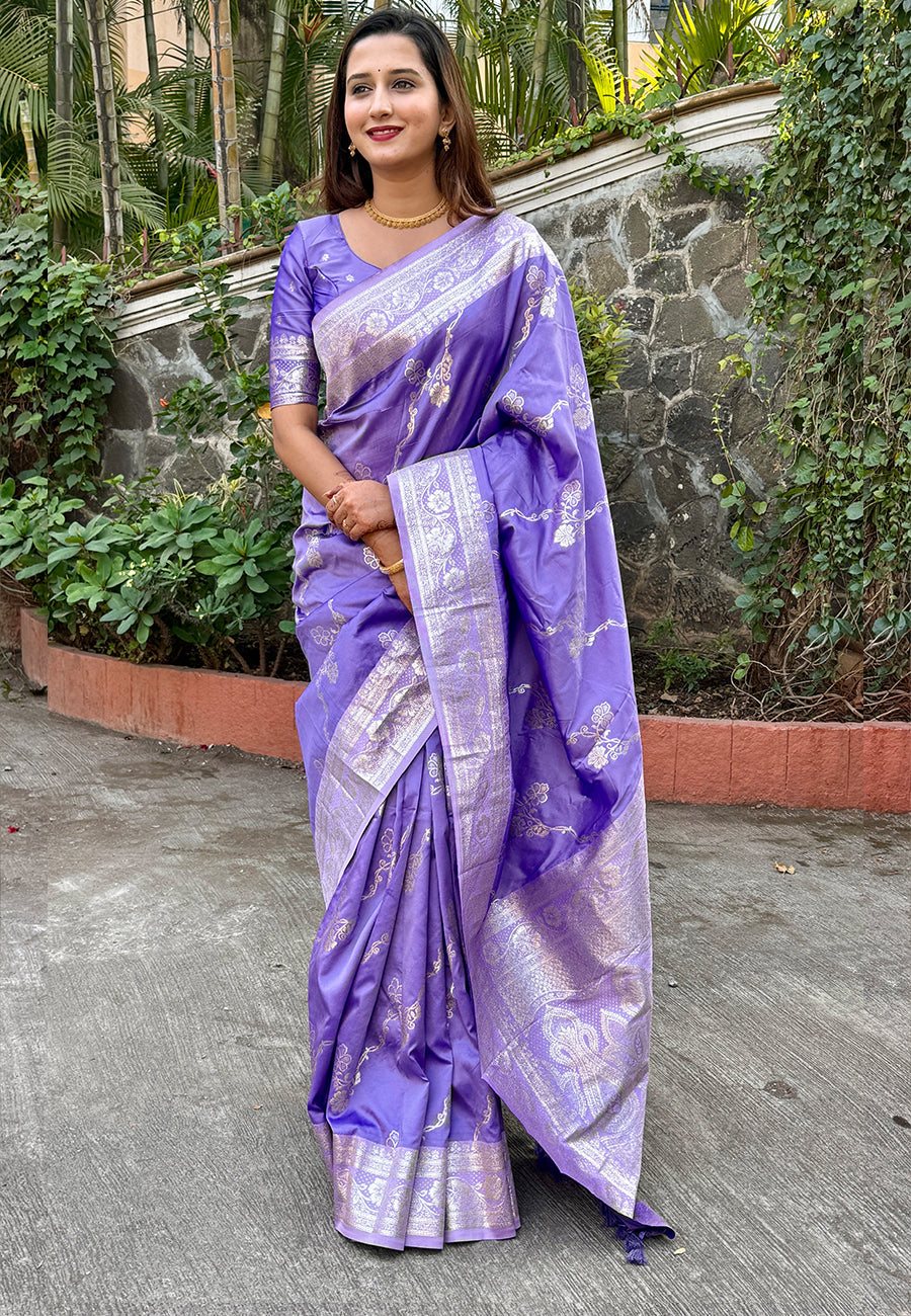 Lavender Banarasi Jaal Soft Silk Zari Woven Saree