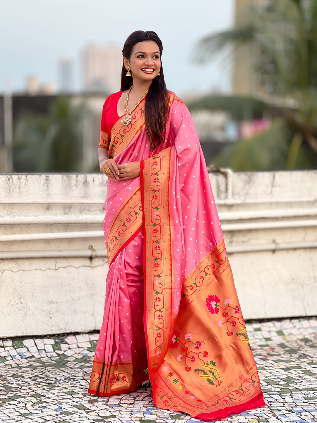 Baby Pink Zari Woven Bandhani Paithani Fusion Silk Saree