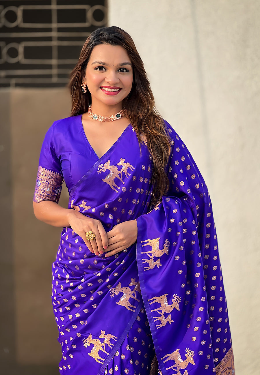 Violet Soft Silk Dual Zari Woven Saree with Deer Border