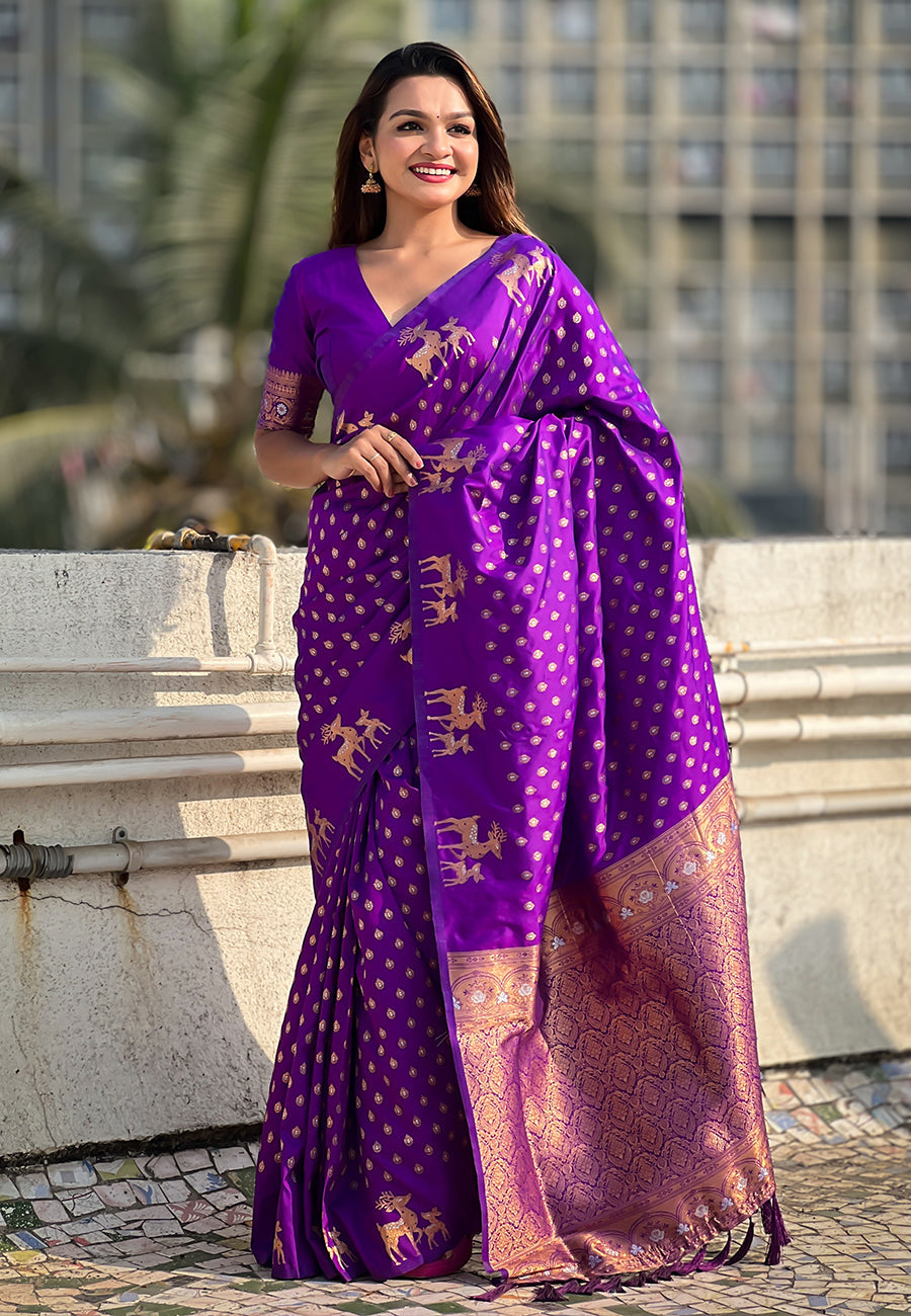 Purple Soft Silk Dual Zari Woven Saree with Deer Border