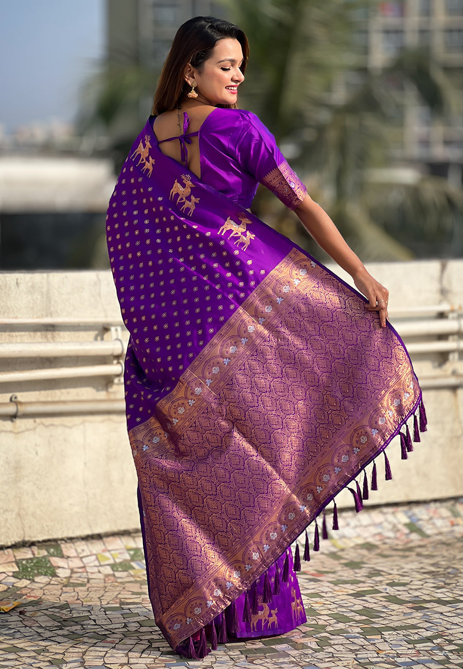 Purple Soft Silk Dual Zari Woven Saree with Deer Border
