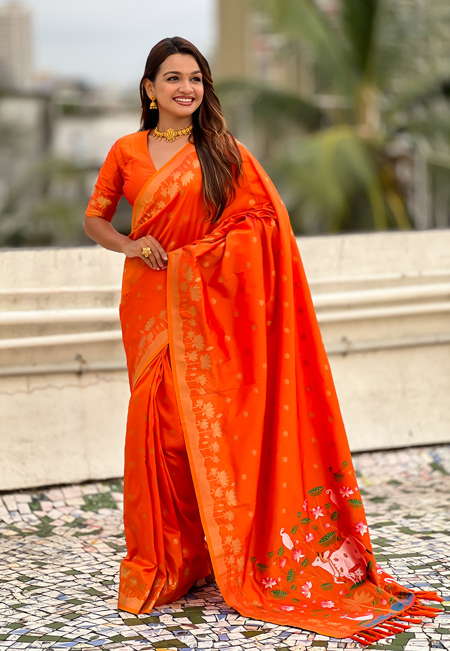 Orange Zari Woven Pichwai Silk Saree