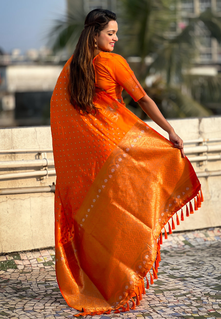 Orange Soft Silk Dual Zari Woven Saree with Deer Border