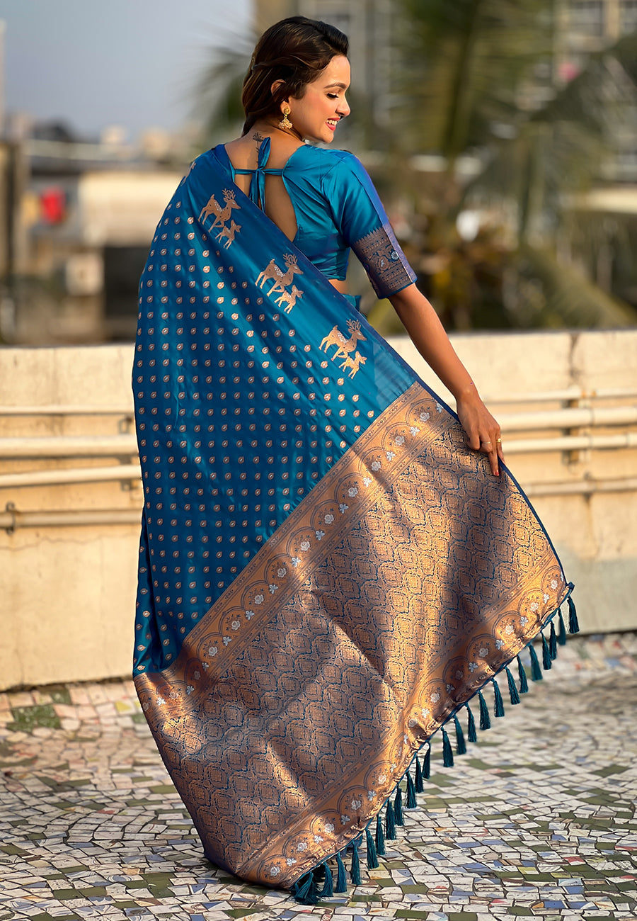 Blue Soft Silk Dual Zari Woven Saree with Deer Border