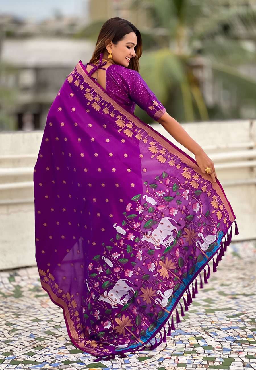 Purple Zari Woven Pichwai Silk Saree