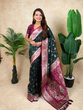 Bottle Green Banarasi Jaal Zari Woven Silk Saree