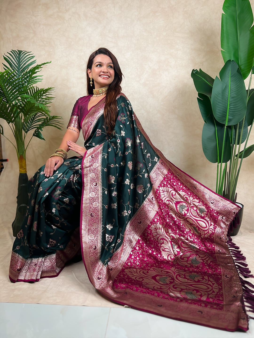 Bottle Green Banarasi Jaal Zari Woven Silk Saree