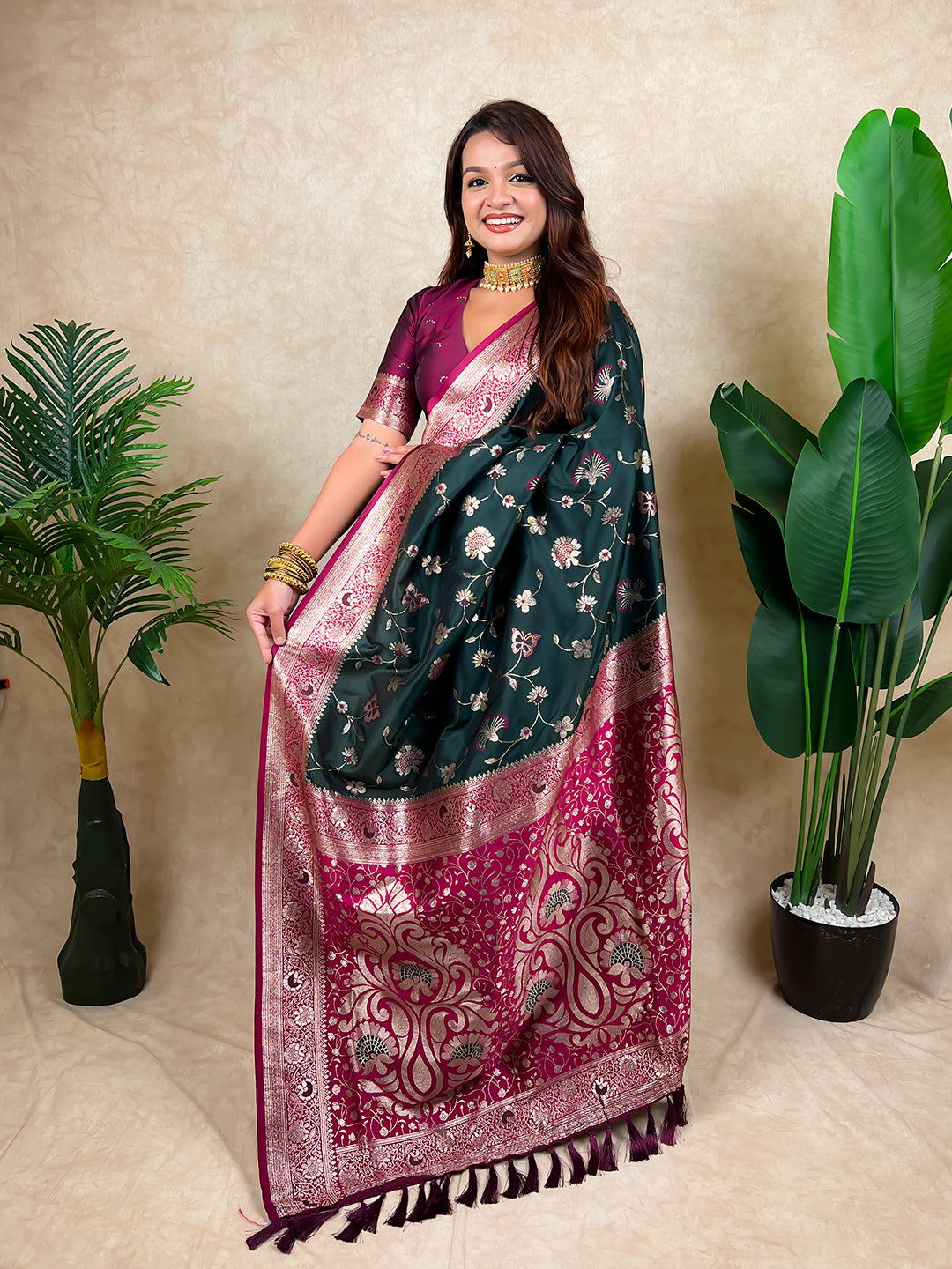 Bottle Green Banarasi Jaal Zari Woven Silk Saree