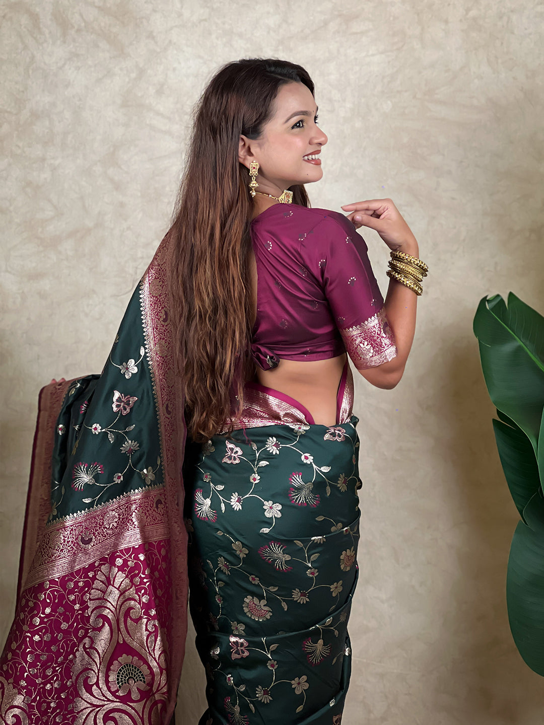 Bottle Green Banarasi Jaal Zari Woven Silk Saree