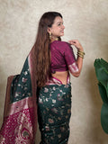 Bottle Green Banarasi Jaal Zari Woven Silk Saree