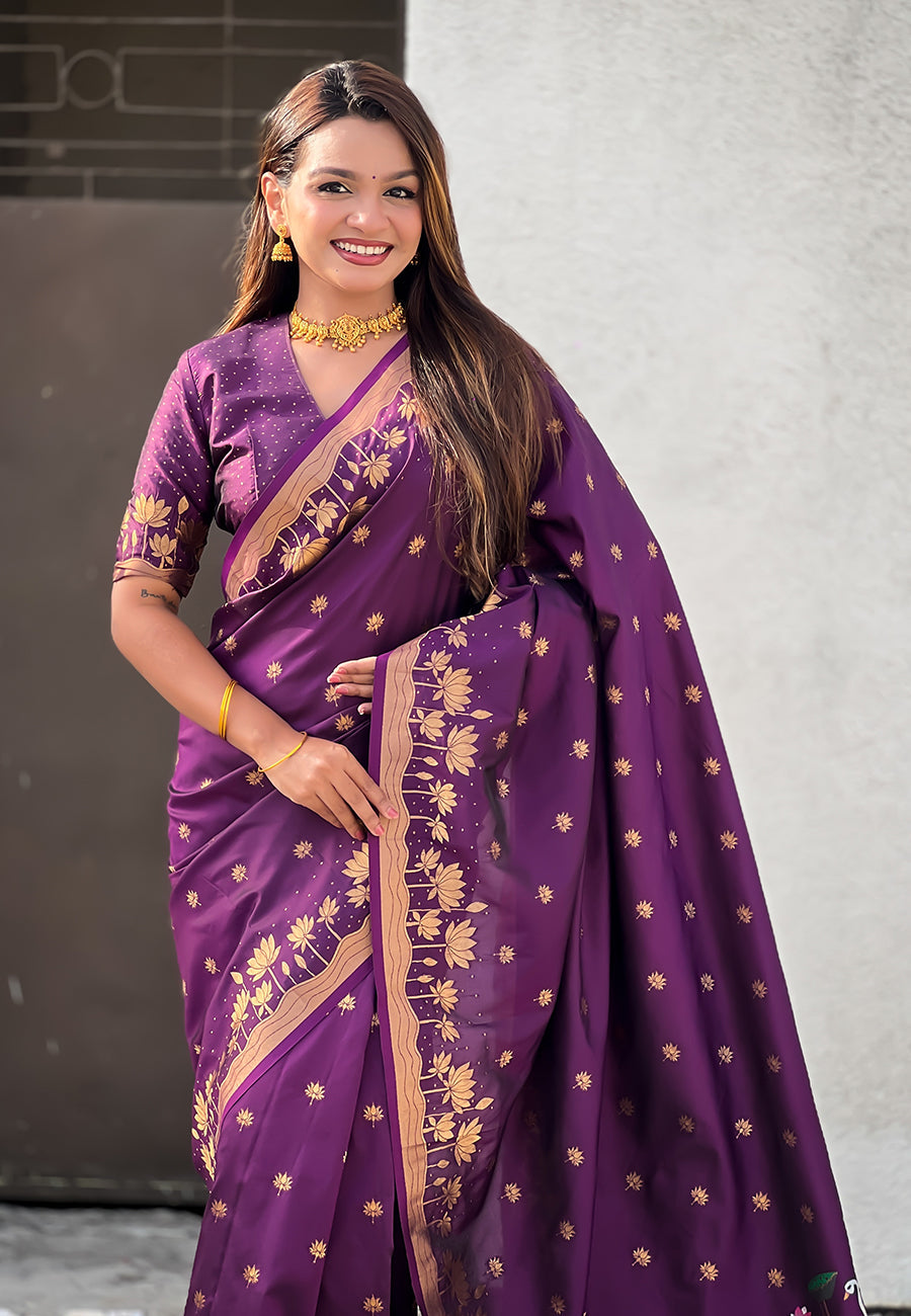 Wine Zari Woven Pichwai Silk Saree