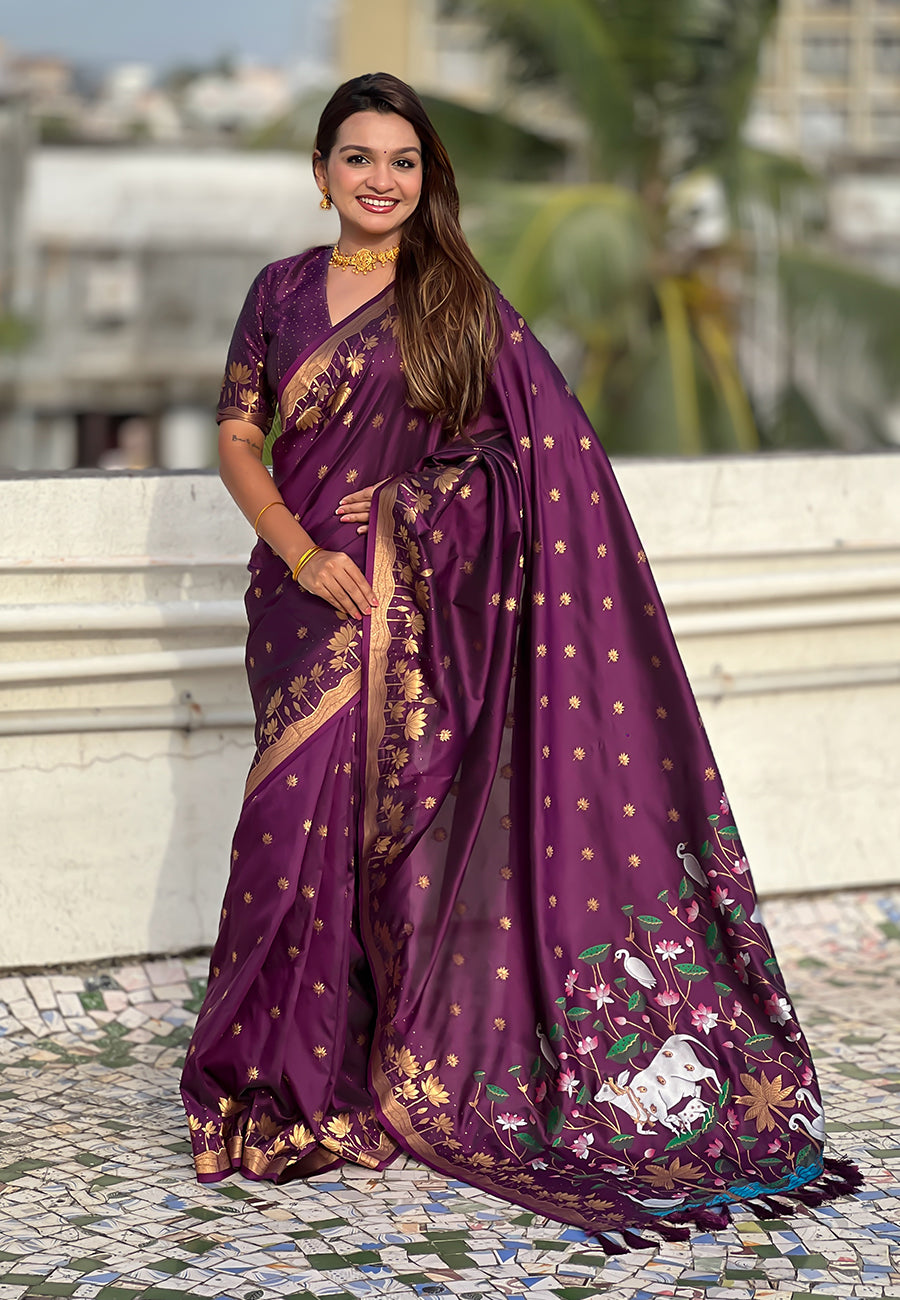 Wine Zari Woven Pichwai Silk Saree