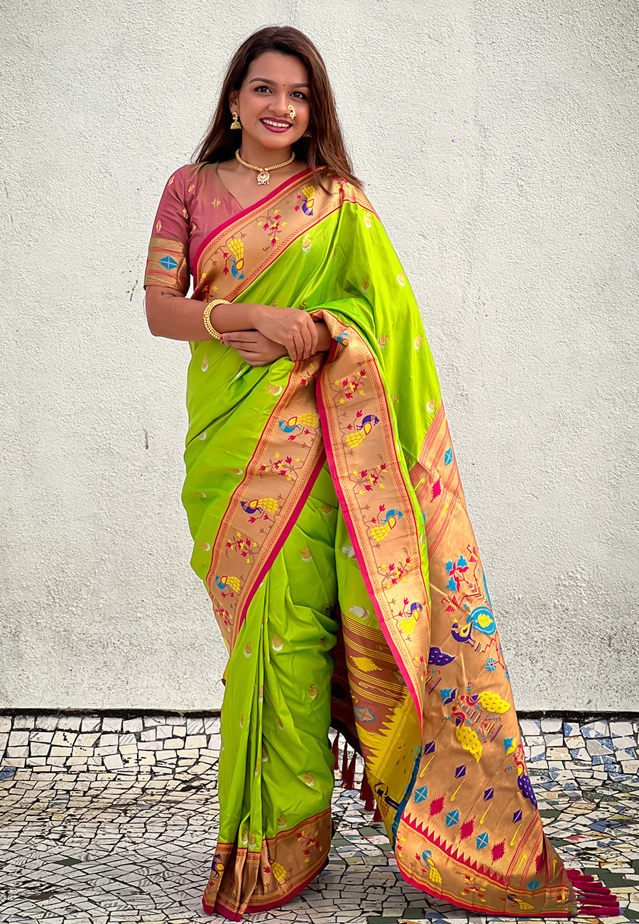 Parrot Green Contrast Zari Woven Chandrakor Swan Yeola Paithani Silk Saree