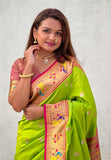 Parrot Green Contrast Zari Woven Chandrakor Swan Yeola Paithani Silk Saree