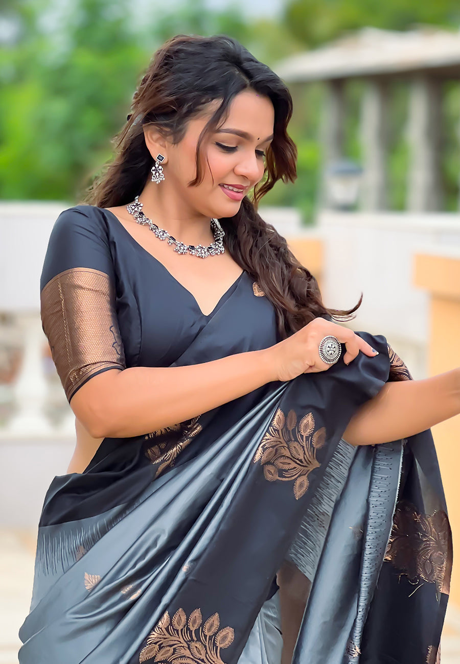 Medha in Grey Soft Silk Floral Border Contrast Zari Woven Saree