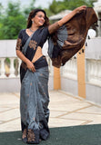 Medha in Grey Soft Silk Floral Border Contrast Zari Woven Saree