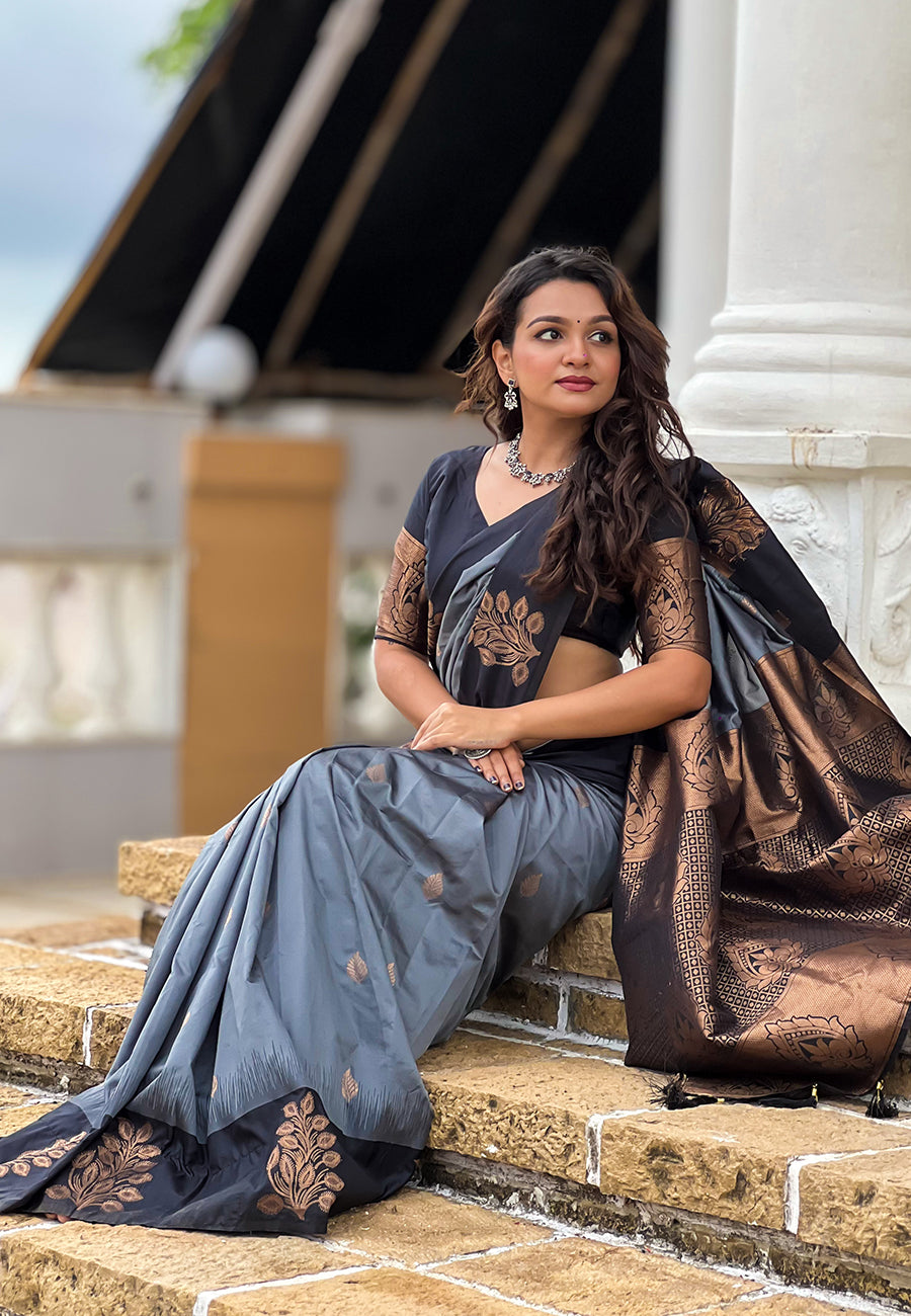 Medha in Grey Soft Silk Floral Border Contrast Zari Woven Saree
